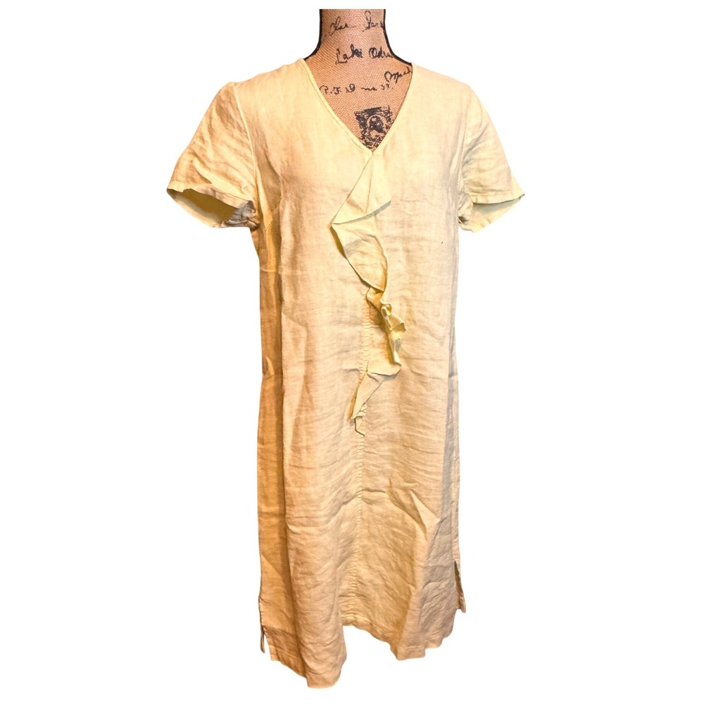 Hot Cotton Yellow 100% Linen Ruffle Front V-Neck Midi Dress Womens Size M‎